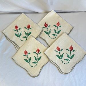 Vintage Four Hand Cross Stitched Red Flowers Dinner Napkins Linens
